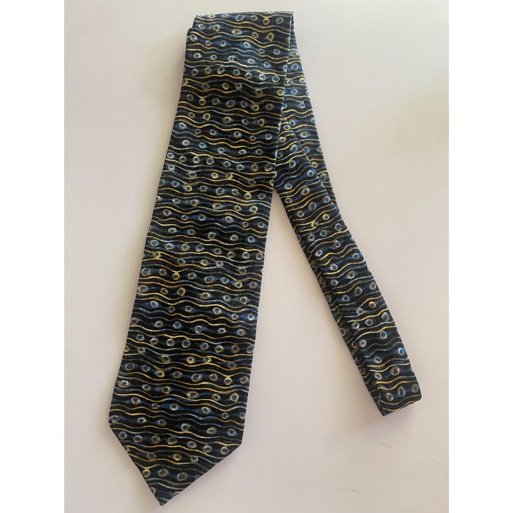Ungaro Paris Mens Silk Necktie Black Blue Gold Abstract Wavy Geometric Italy